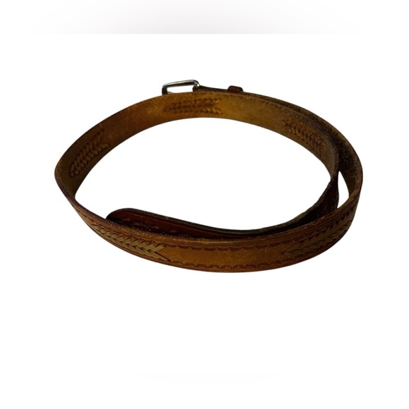Brown Leather Belt with Silver Buckle and Decorative Braided Stitching - Picture 2 of 8